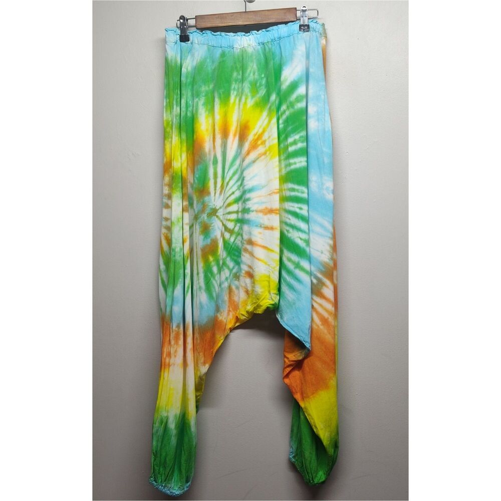 Dharma Trading Co Harem Pants Women L/XL Green Tie Dye Hippie Retro Summer